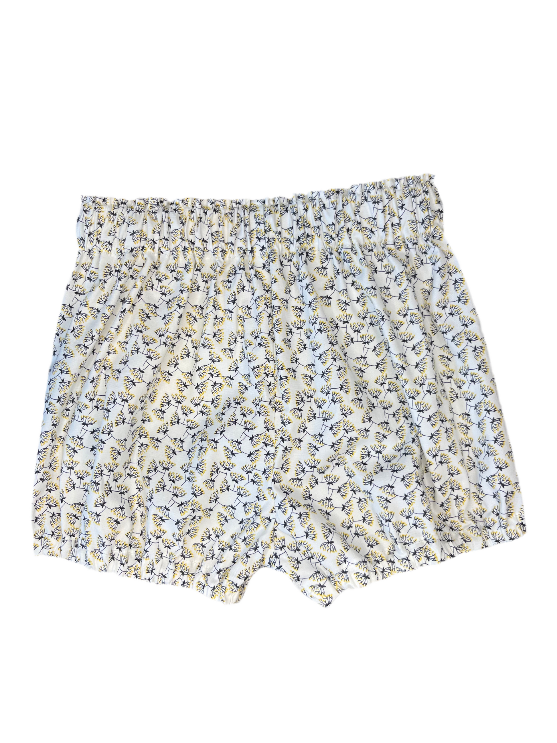 Floral patterned baby bloomers on a white background with black and yellow dandelions.