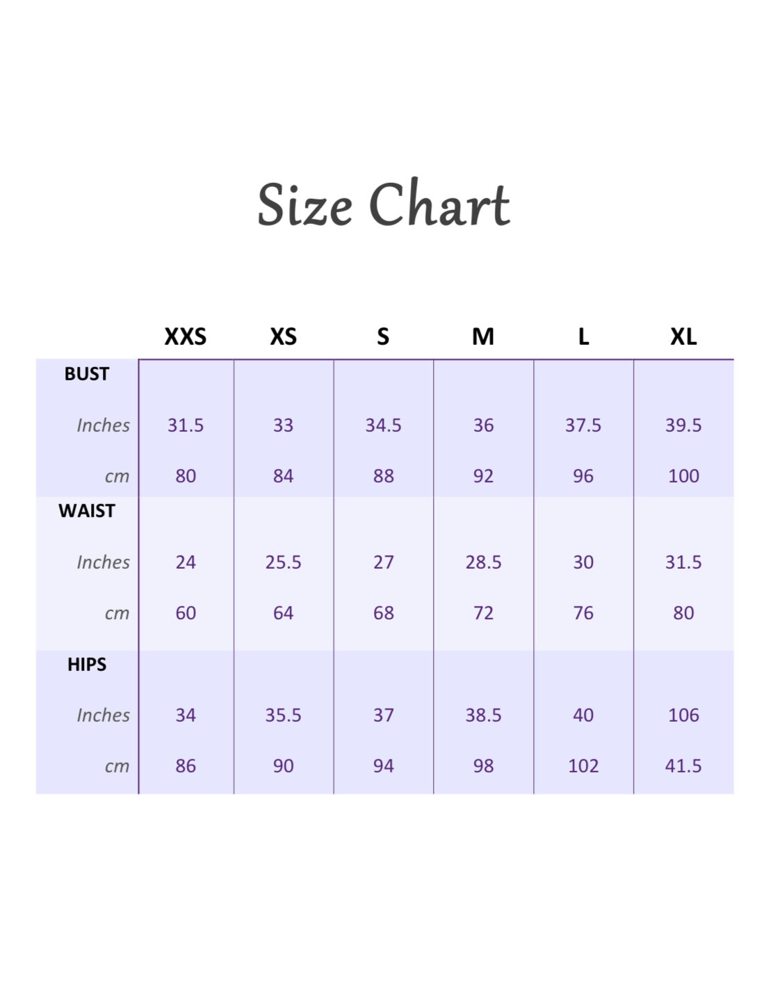 Size chart for clothing measurements in inches and centimeters.
